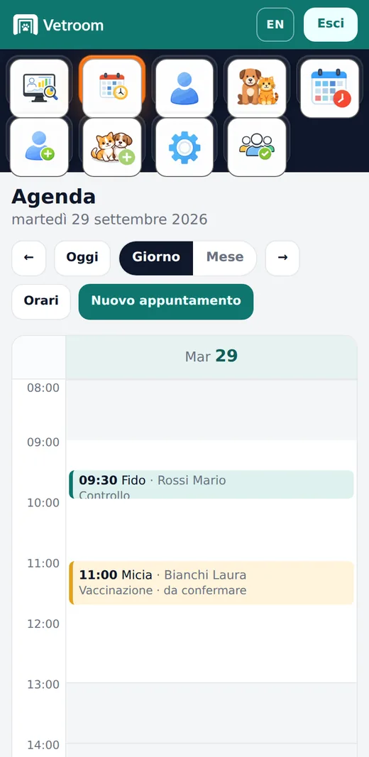 Vetroom, gestionale veterinario gratuito: agenda degli appuntamenti della clinica su smartphone