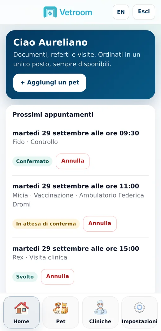 Libretto sanitario digitale del pet nell'app Vetroom per i proprietari