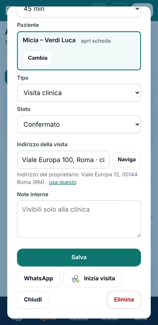 Appuntamento di una visita veterinaria a domicilio in Vetroom con indirizzo, citofono e tasto Naviga