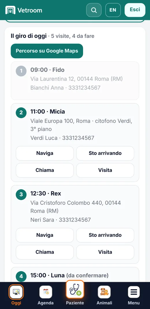 Gestionale per veterinario a domicilio: il giro di oggi con indirizzi e percorso su Google Maps sul telefono