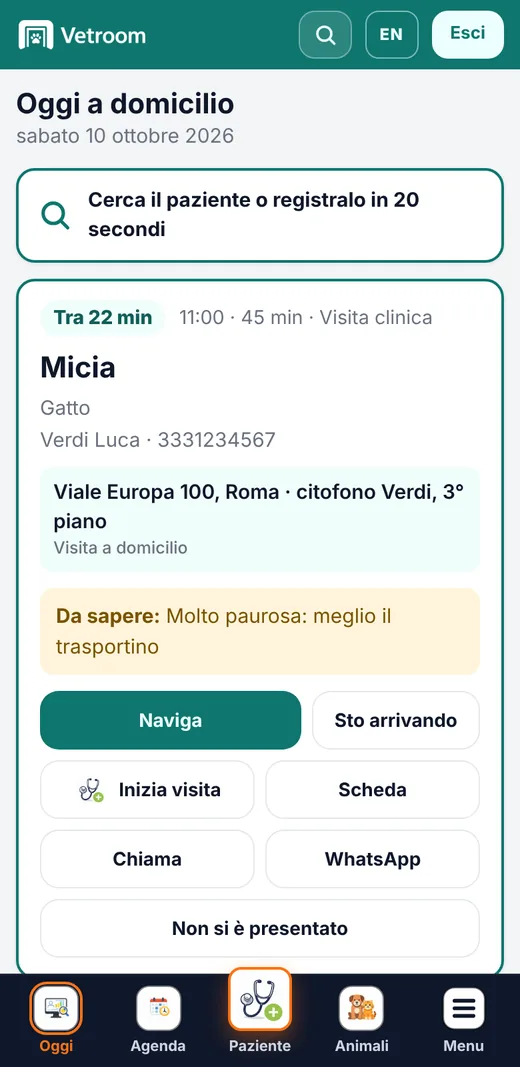 Pagina Oggi del veterinario a domicilio con la prossima visita, l'indirizzo e i pulsanti Naviga e Sto arrivando