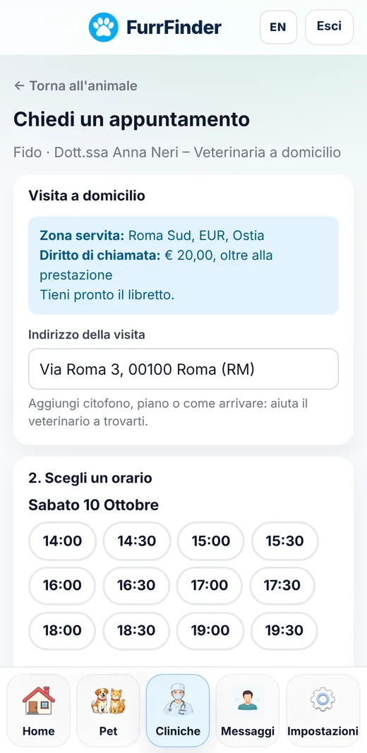 Il proprietario chiede una visita veterinaria a domicilio dall’app FurrFinder, con zona servita e diritto di chiamata