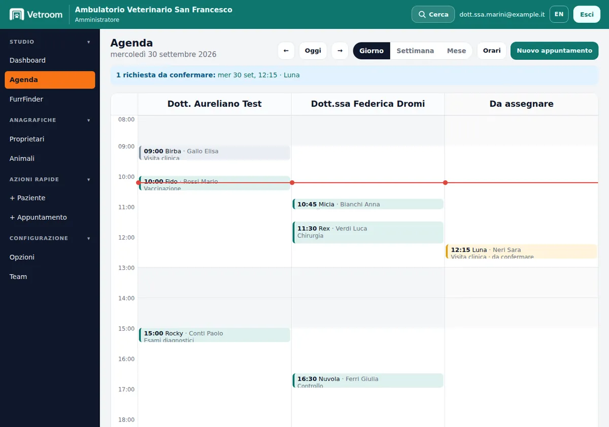 Agenda veterinaria online di Vetroom in vista giorno con una colonna per ogni veterinario