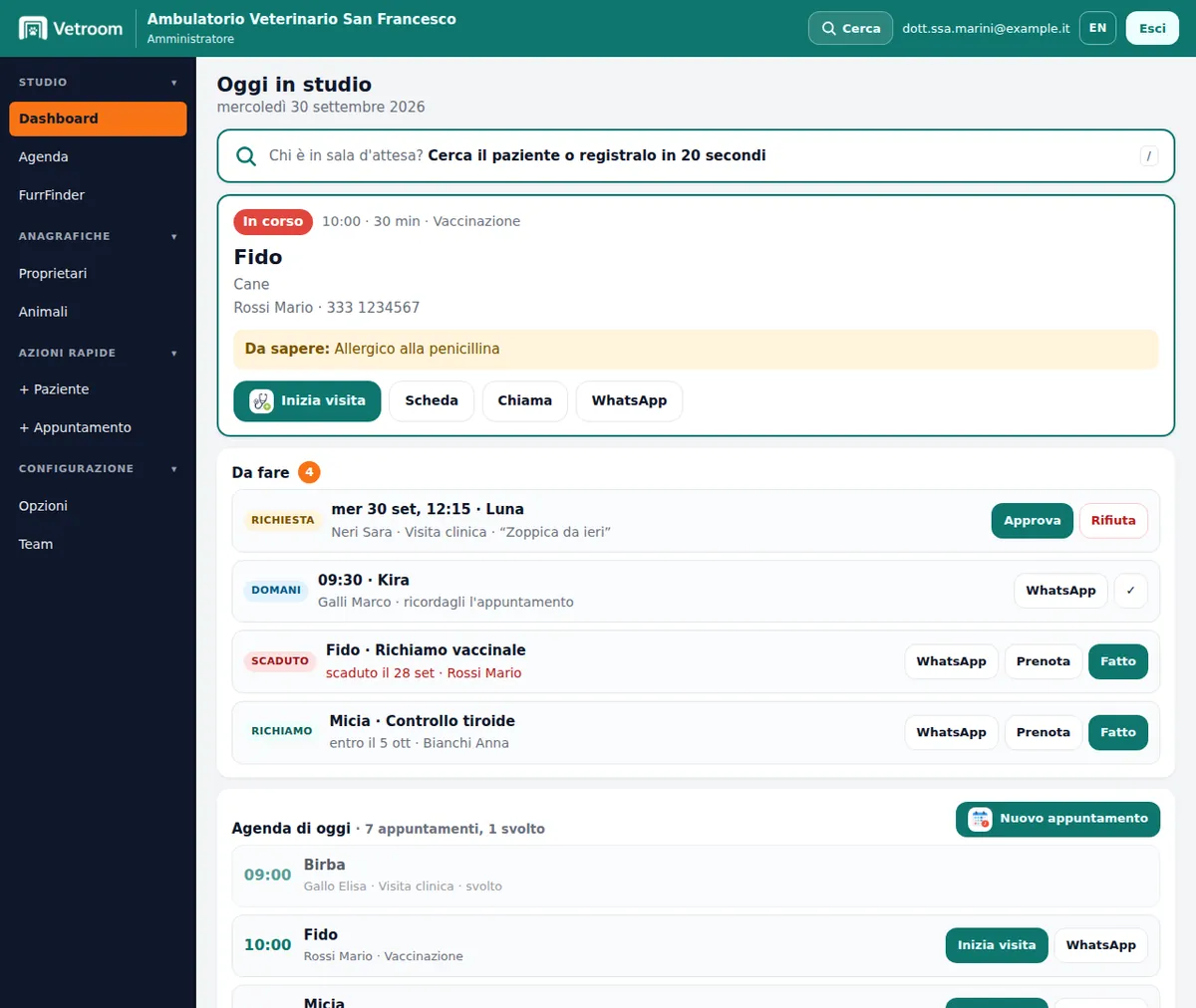 Dashboard di Vetroom con i richiami vaccinali in scadenza e i promemoria per gli appuntamenti di domani