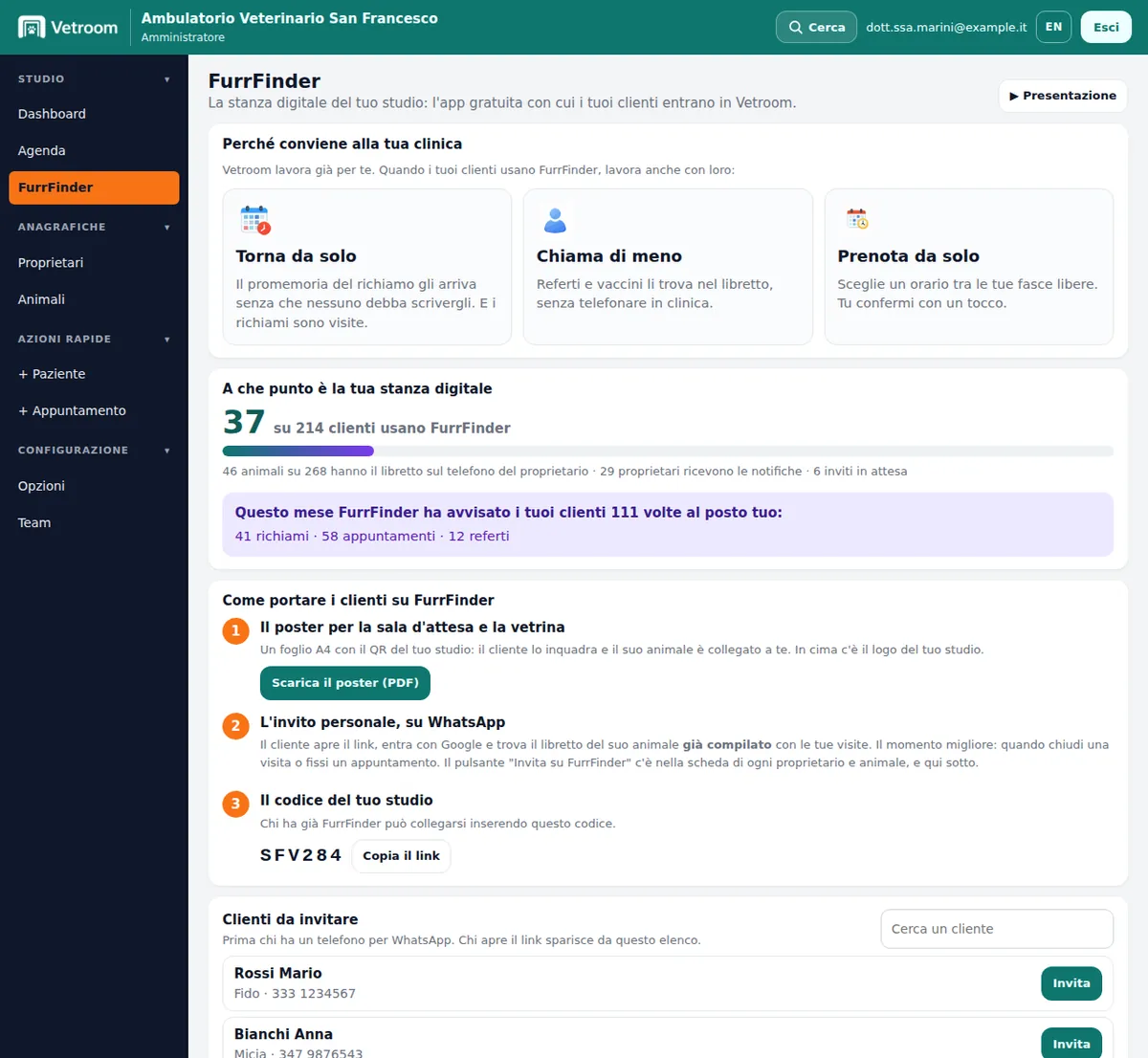 Pagina FurrFinder in Vetroom: clienti che usano l’app, avvisi inviati e clienti da invitare