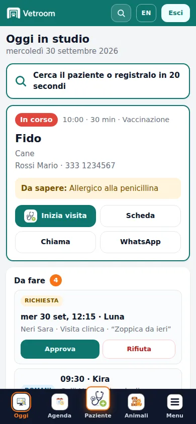 Il gestionale veterinario Vetroom sul telefono: la schermata Oggi con il paziente in corso