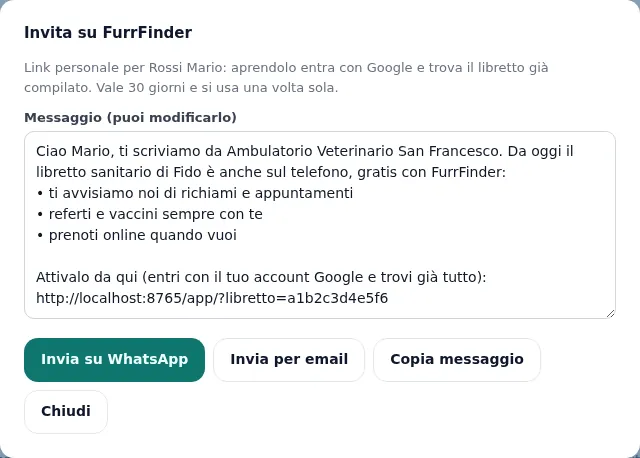 Invito personale a FurrFinder con messaggio WhatsApp già pronto per il cliente del veterinario
