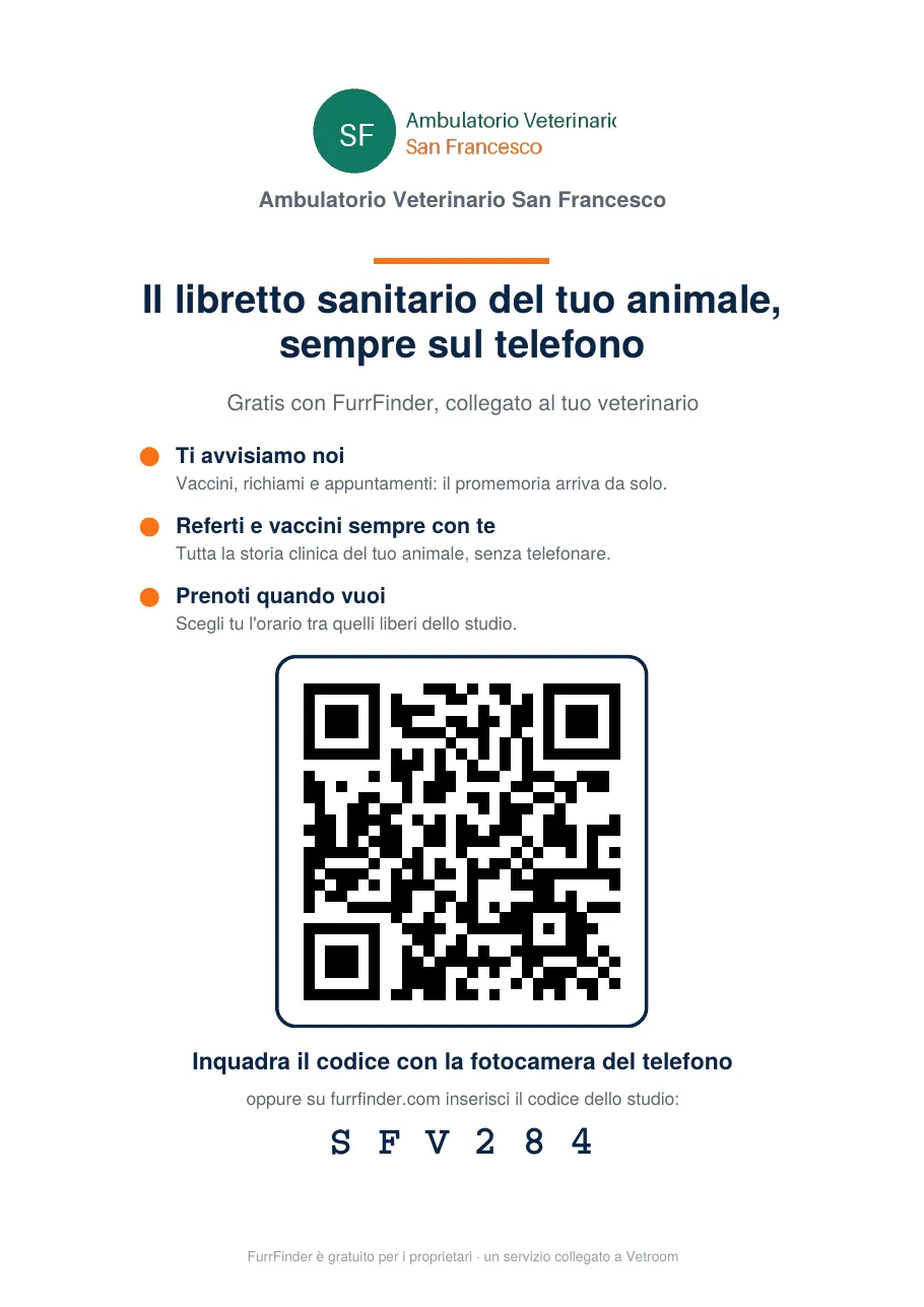 Poster FurrFinder con QR code e logo dello studio da stampare per la sala d’attesa veterinaria