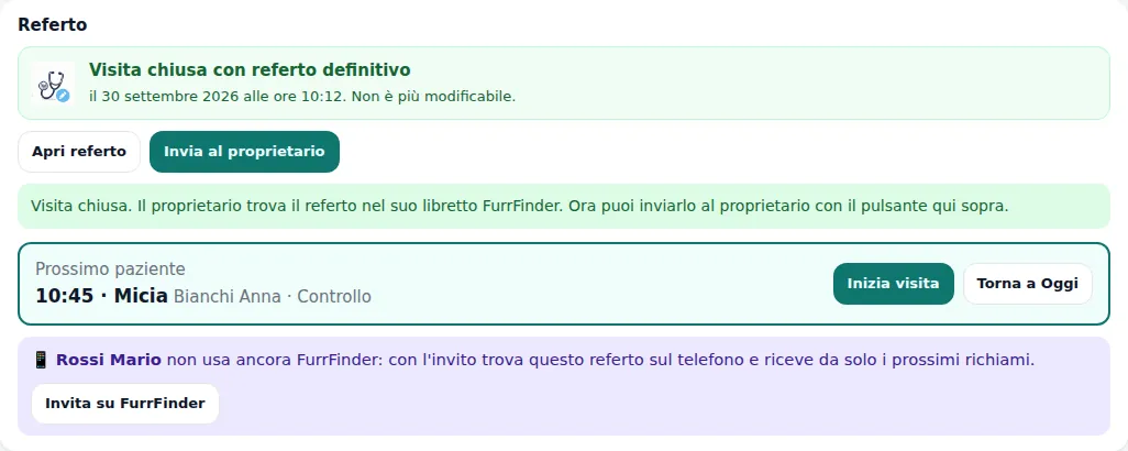Visita chiusa con referto definitivo in Vetroom e pulsante Invia al proprietario