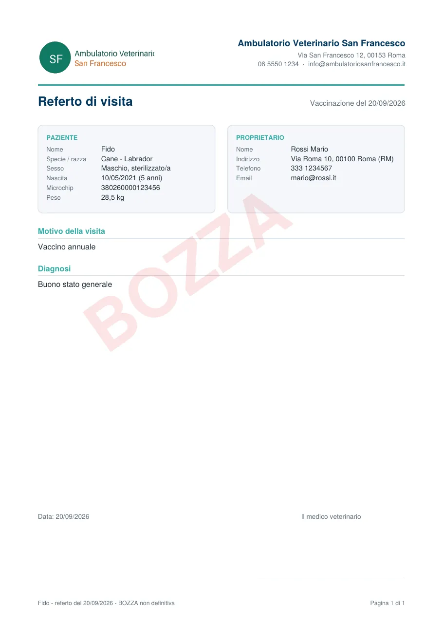 Esempio di referto veterinario in PDF con intestazione e logo dello studio