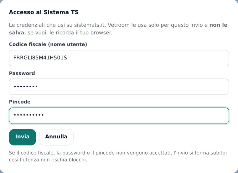 Finestra di accesso al Sistema TS in Vetroom: codice fiscale, password e pincode
