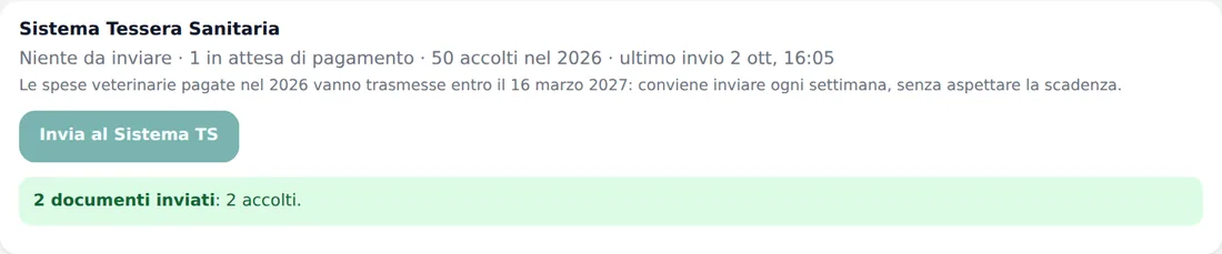 Esito dell'invio al Sistema Tessera Sanitaria in Vetroom: documenti inviati e accolti