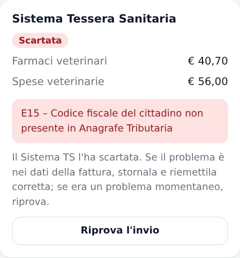 Fattura scartata dal Sistema TS con il messaggio di errore e il pulsante Riprova l'invio